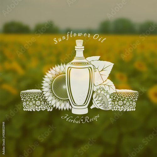 Glass bottle of sunflower oil with field and flower in the centre of blurred background of field. Vector silhouette label. (cream, lotion, balm, tincture, cosmetics, oil, perfume, herbal drags)