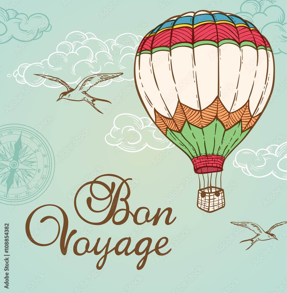 Fototapeta premium Green vintage background with air balloon