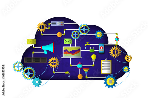 Web Cloud services. Management digital marketing srartup. Web and app development banner with icons. Management digital marketing startup planning analytics creative team design