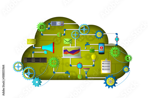 Cloud services. Management digital marketing srartup. Web and application development banner with icons. Management digital marketing startup planning analytics creative team design