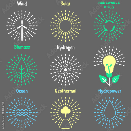 Renewable Energy set of thin lines icons. Wind, Solar, Biomass, Hydrogen, Geothermal, Ocean, Hydro power