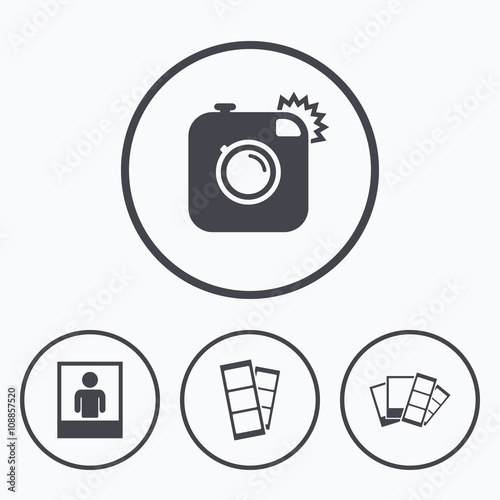 Photo camera icon. Flash light and selfie frame.