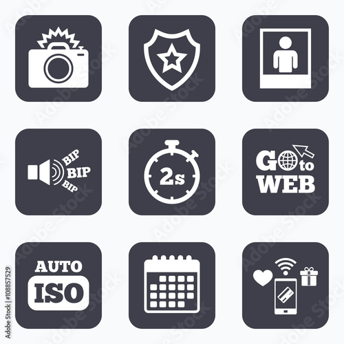 Photo camera icon. Flash light and Auto ISO.