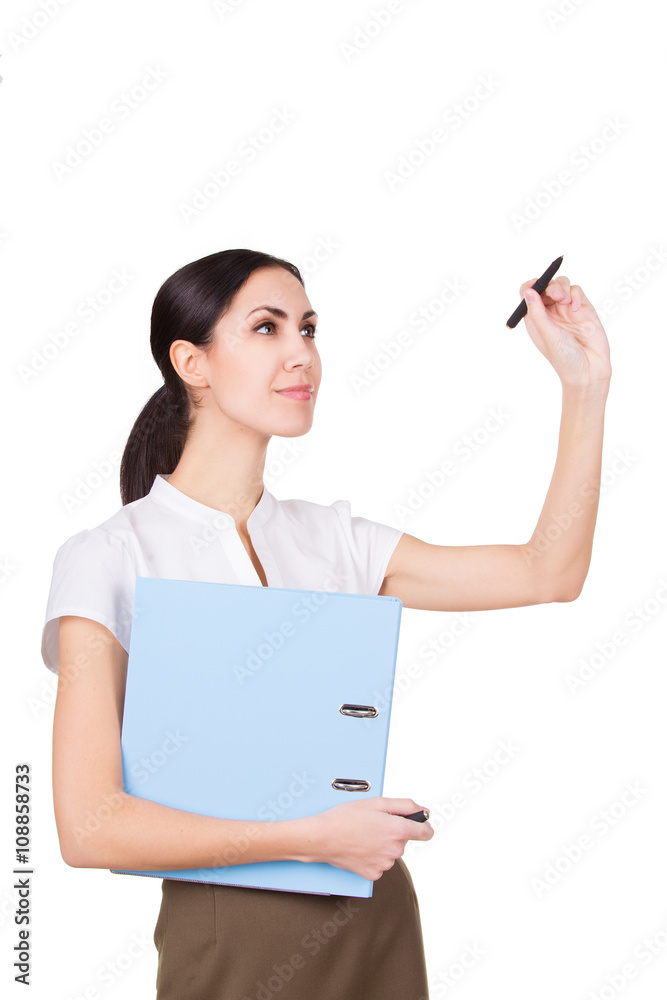 Woman in formalwear holding documents and pen. Young female writing Woman in formalwear holding documents and pen. Young female writing