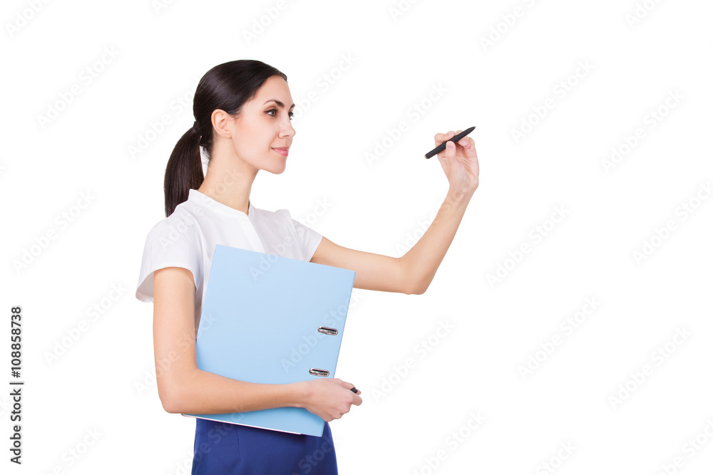 Woman in formalwear holding documents and pen. Young female writing Woman in formalwear holding documents and pen. Young female writing