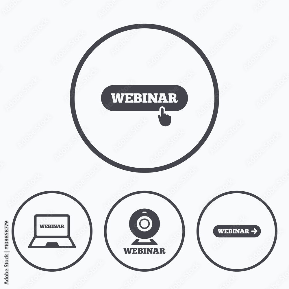 Webinar icons. Web camera and notebook pc signs. Webinar icons. Web camera and notebook pc signs.