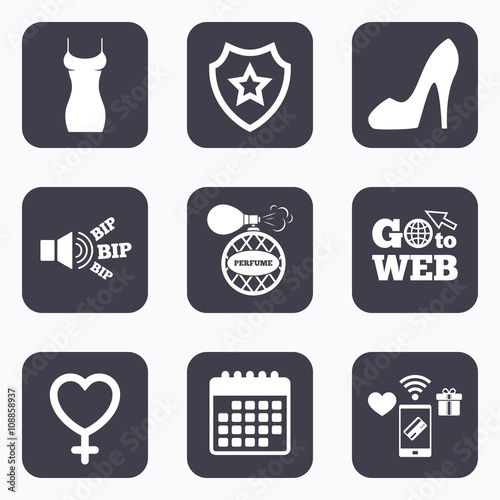 Women dress icon. Sexy shoe sign. Perfume.