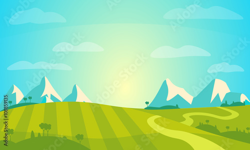 Vector Landscape with Sunny Field and Mountains . Rural Farm Scenery Illustration.