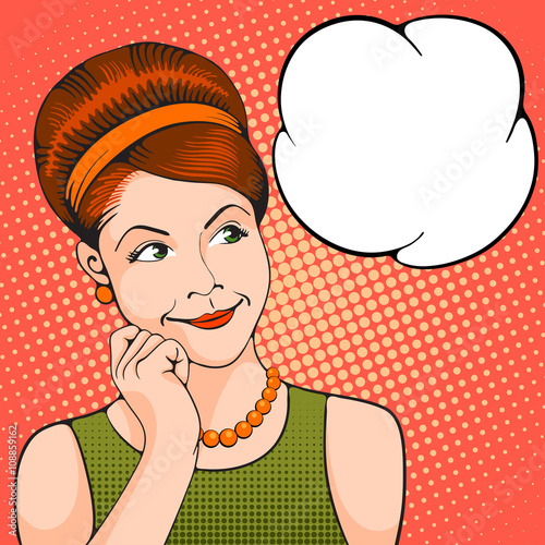 Young women thinking about something pleasant. Pop Art girl. Vector illustration in retro style pop art.