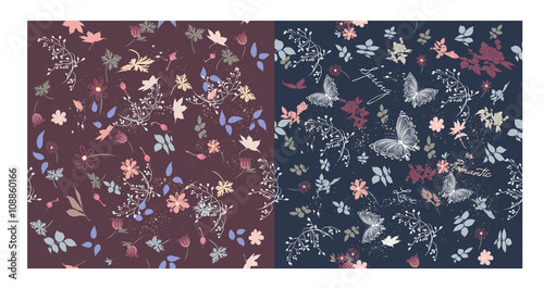 Collection from two vector seamless patterns in floral style for design
