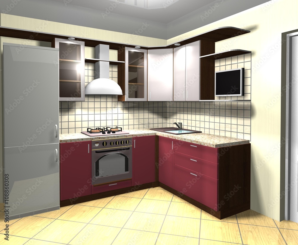 3D rendering interior design gray red kitchen 3D rendering interior design gray red kitchen