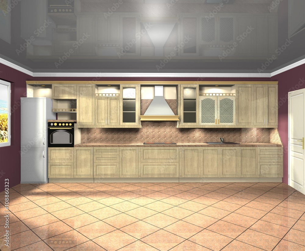 beige wooden kitchen in a classic style interior design 3D rendering