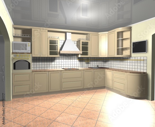 beige kitchen in a classic style interior design 3D rendering