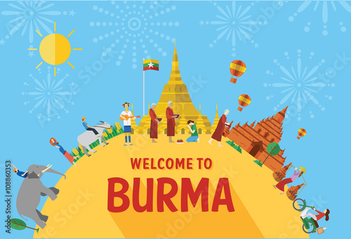 Flat design, Illustration of Burma landmarks and icons