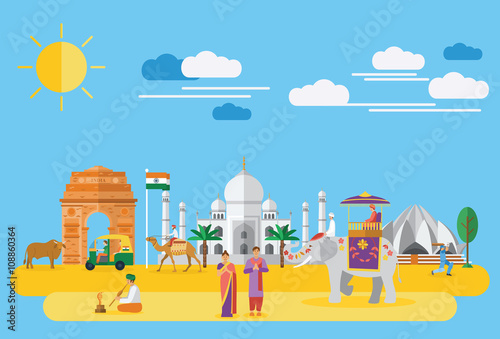 Flat Design, Illustration of India landmarks and icons