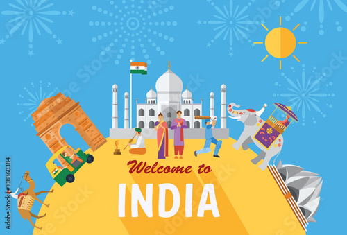 Flat Design, Illustration of India landmarks and icons