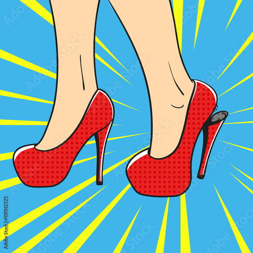 Vector hand drawn pop art illustration of an elegant woman shoes