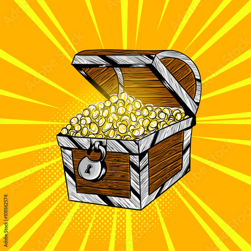 Vector hand drawn pop art illustration of wooden chest with gold