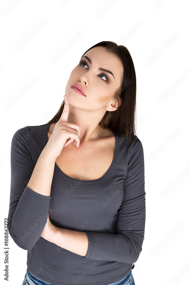 Contemplative thinking woman at a white background Stock Image Contemplative thinking woman at a white background Stock Image