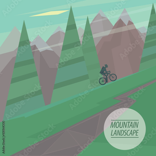 Spring picturesque mountain landscape with steep slopes and winding road cyclist riding upstairs, in the fashionable flat style and square ratio