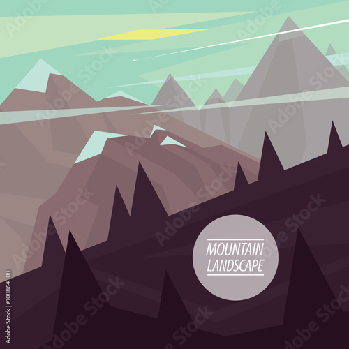 Autumn picturesque mountain landscape with steep ascents and descents and snowy peaks, in the fashionable flat style and square ratio