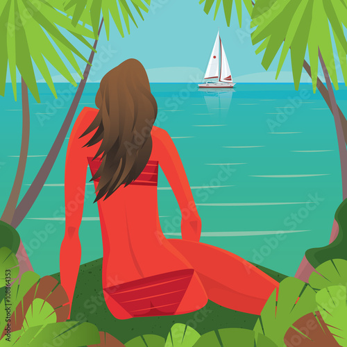 Beautiful young tanned girl in bathing suit sitting on the edge of the shore and admiring the view of the ocean with sailing yacht - Exotic holidays or leisure concept
