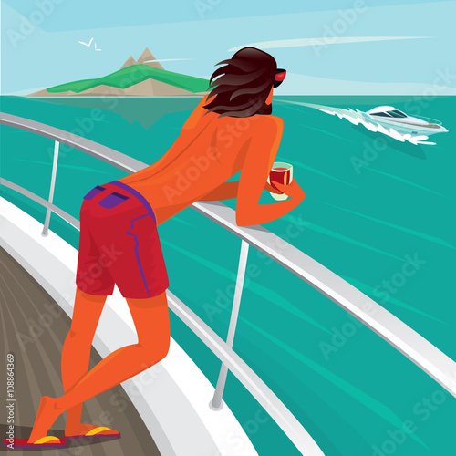 Tanned man standing on yacht deck leaning on the railing, holding a cocktail and watch the boats sailing past - Luxury holidays or Paradise pleasure concept