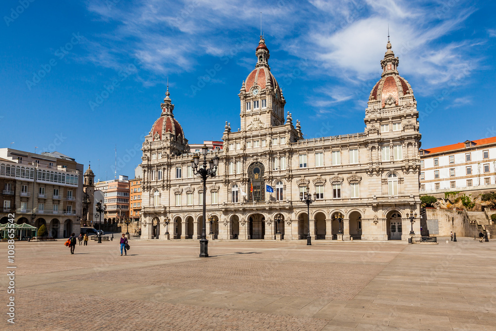 Central square and city hall of A Coruna, Spain