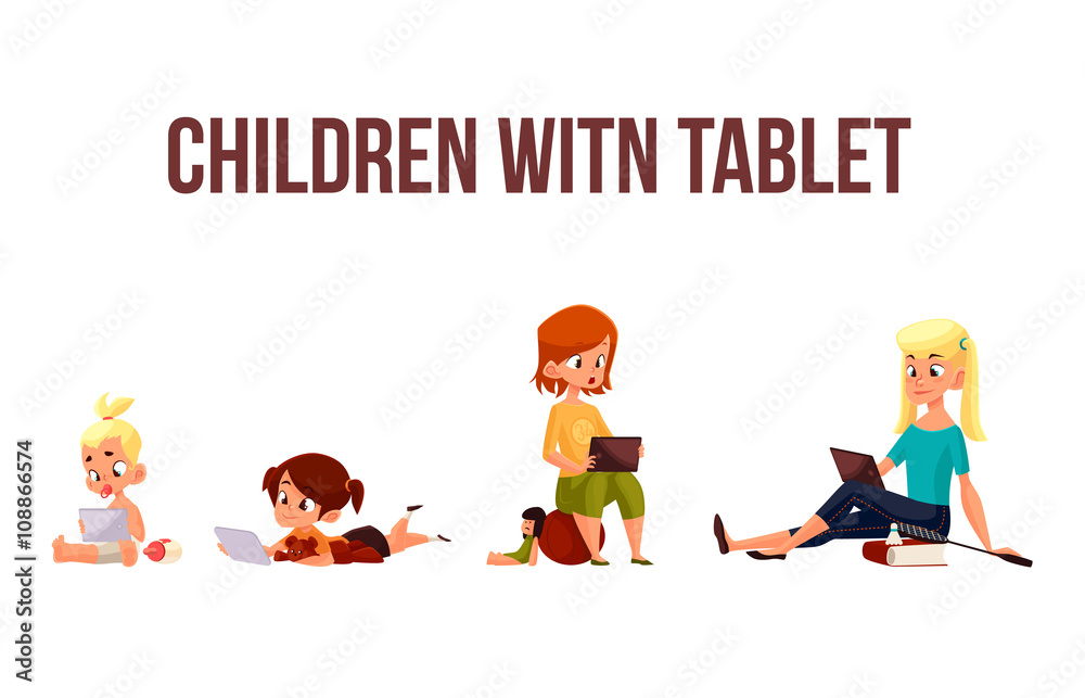 Children girls of different ages played in tablet and did not play in street,  cartoon concept