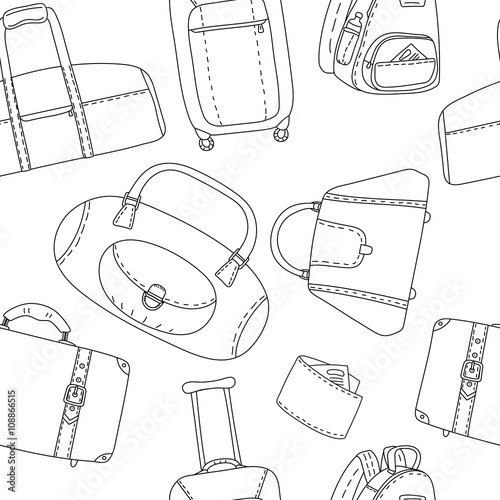 Black and white hand drawn travel bags seamless pattern, vector