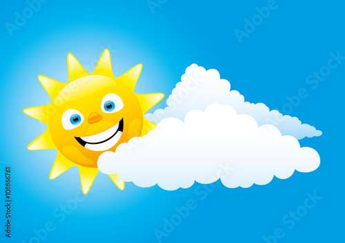 Cheerful sun and clouds in the blue sky.