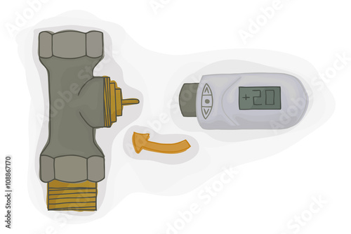 Thermostatic valve for the heating system vector. Thermostatic head for the heating system vector. House heating.