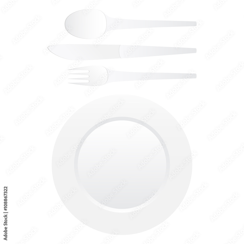 A set of dishes isolated on white background. Plate, spoon, fork A set of dishes isolated on white background. Plate, spoon, fork