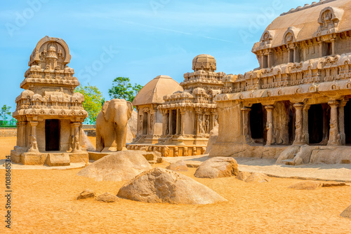 ancient Hindu monolithic Indian sculptures rock-cut architecture photo