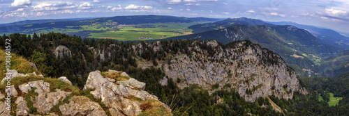 Panoramic view from the Creux-du-Van or Creux du Van rocky cirque, Neuchatel canton, Switzerland