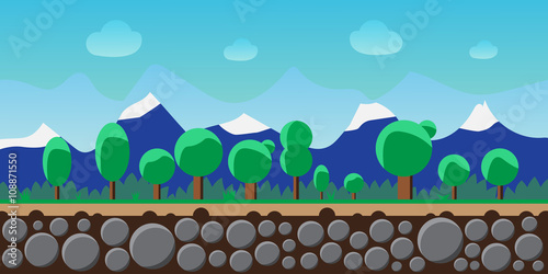 Nature landscape, background for games, trees, mountains.