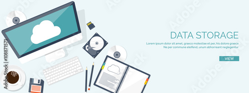 Vector illustration. Workplace, table with documents, computer. Flat cloud computing background. Media, data server. Web storage.CD. Paper blank. Digital technologies. Internet connection.