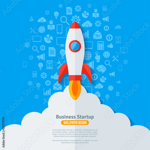 Flying Rocket with Flame and Clouds.