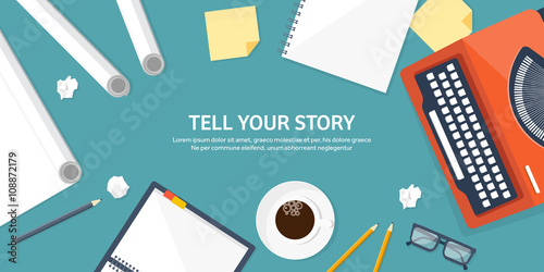 Vector illustration.  Flat typewriter. Tell your story. Author. Blogging.