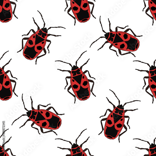 Seamless pattern with bug-soldier or Firebug .    hand-drawn bug-soldier, Firebug . Vector © evgdemidova