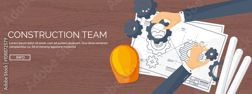 Vector illustration. Engineering and architecture. Drawing, construction.  Architectural project. Design, sketching. Workspace with tools. Planning, building. Wooden background.