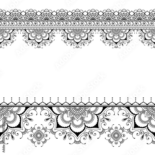 Indian mehndi henna border floral pattern elements card for tattoo on white background.