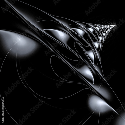 computer generated abstract fractal image. white on black. track into the space