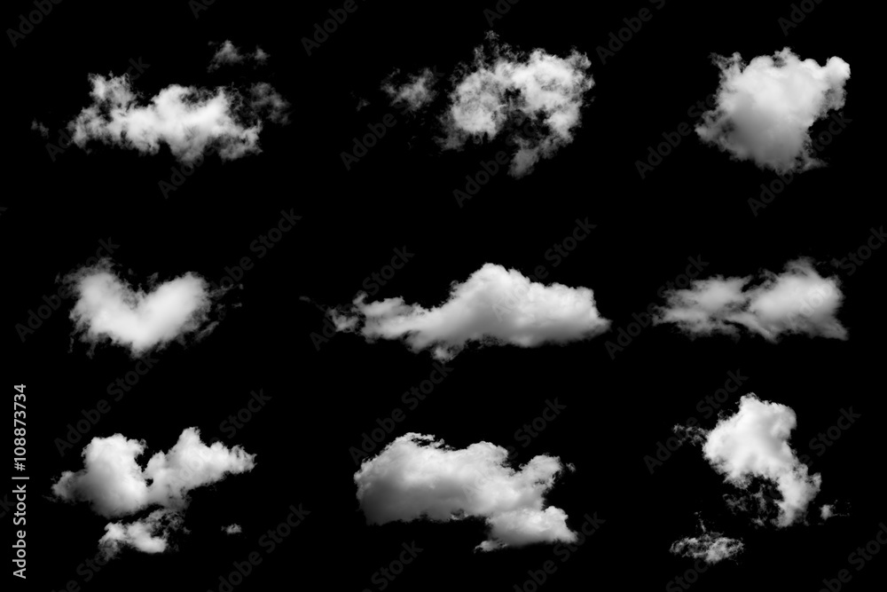 Set of isolated clouds on black background. - obrazy, fototapety, plakaty 
