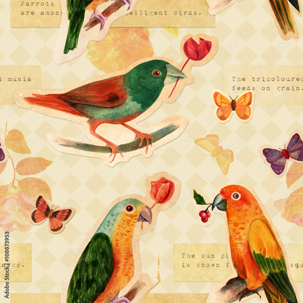 Seamless background texture with cutouts of watercolor birds and butterflies