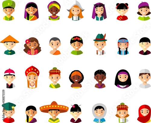 Avatar vector illustration of multicultural national children, people 