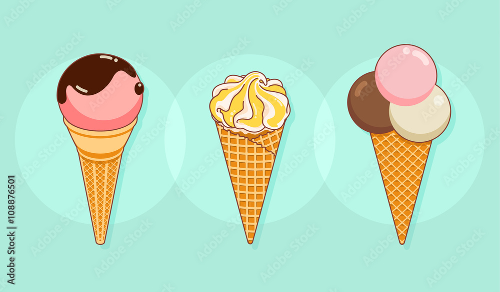 Set of colorful tasty isolated ice cream at a turquoise background. Crunchy waffle cones filled with various kinds of delicious ice cream. Vector Illustration. Set of colorful tasty isolated ice cream at a turquoise background. Crunchy waffle cones filled with various kinds of delicious ice cream. Vector Illustration.