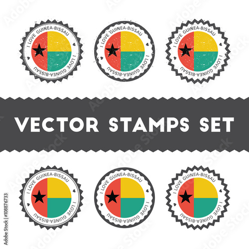 I Love Guinea-Bissau vector stamps set. Retro patriotic country flag badges. National flags vintage round signs.