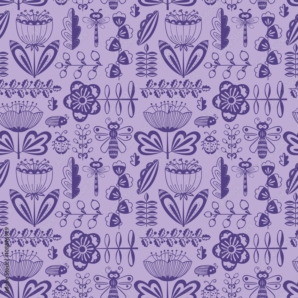 Naklejka premium doodle seamless pattern with flowers, bugs and dragonfly