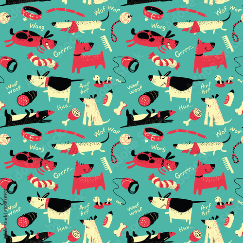 vector seamless pattern with cartoon funny dogs